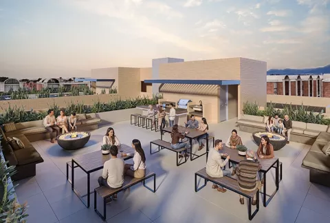 Terraza 360 Abeto, muestra la terraza con zona de BBQ, mesas y sofás.