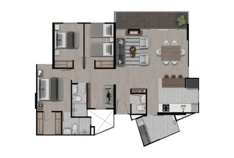 Planos de Calera Gardens muestra distribución del apartamento.