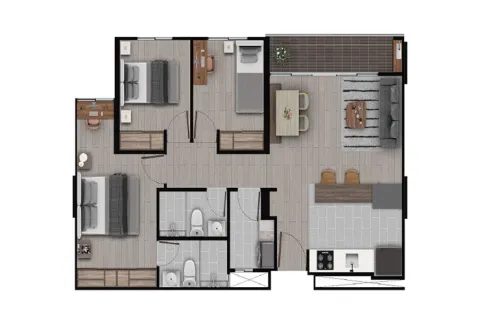 Planos de Calera Gardens muestra distribución del apartamento.
