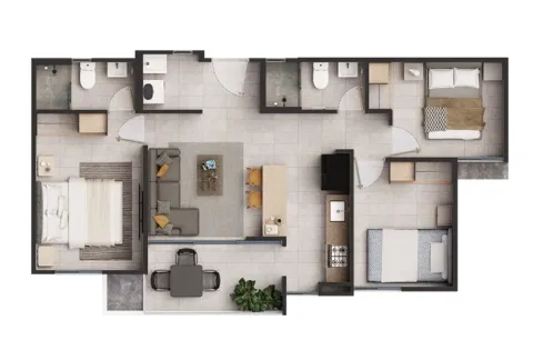 Planos de Porto Novo muestra distribución del apartamento.