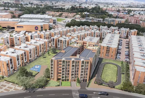 Vista aérea Abeto, muestra los edificios del proyecto con zonas verdes y parqueaderos.