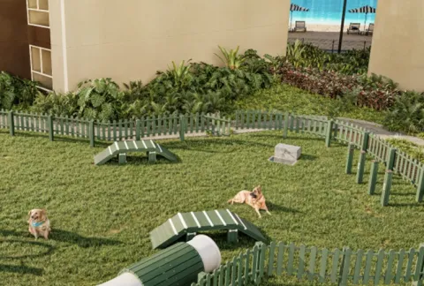 Zona para mascotas Llano Kristal, muestra un parque canino con juegos y zonas verdes.