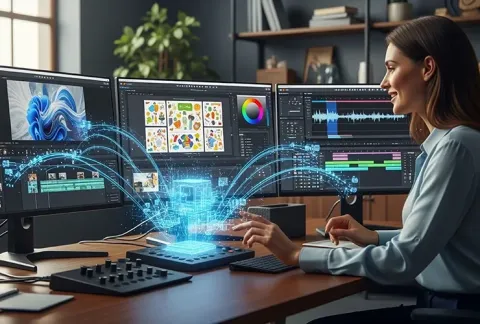 Mujer trabaja con herramientas de inteligencia artificial en tres pantallas