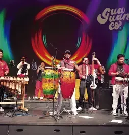Agrupación musical tocando instrumentos de percusión y vientos en un escenario iluminado.